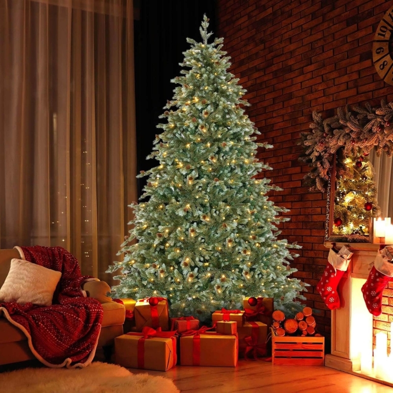 Pre-Lit Artificial Christmas Tree with Integrated Pine Cones and Frosting