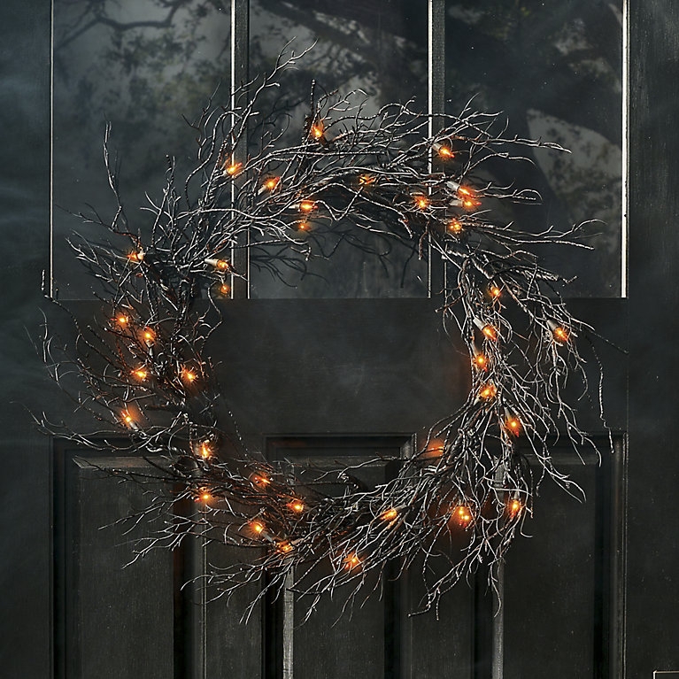 Pre-lit Black Twig Wreath: Spindly Silhouette with Orange LEDs for Halloween