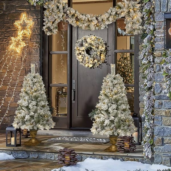 Pre-Lit Christmas Entrance Set: Trees in Urns, Wreath, and Garland.
