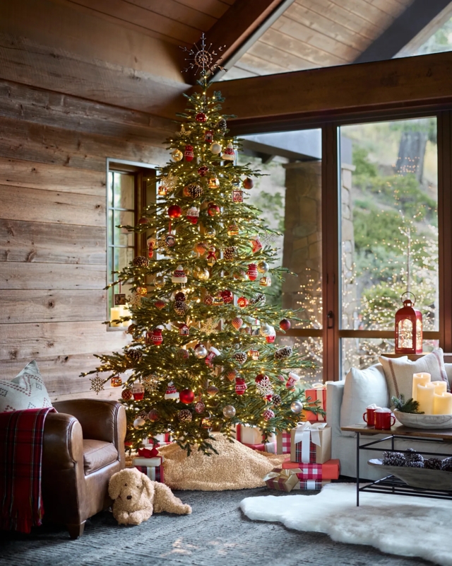 Pre-lit Christmas Tree Rustic Farmhouse Stone Fireplace Beams
