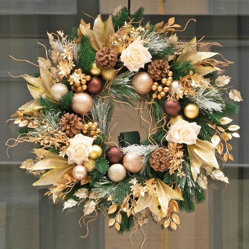 Pre-Lit Christmas Wreath, Champagne Gold Palette, Elegant Entryway Styling