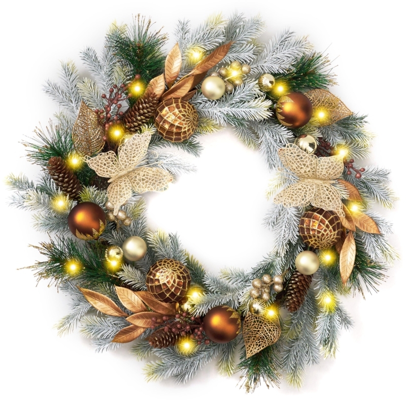 Pre-Lit Christmas Wreath, Oversized Pinecones and White Berries, Farmhouse Decor
