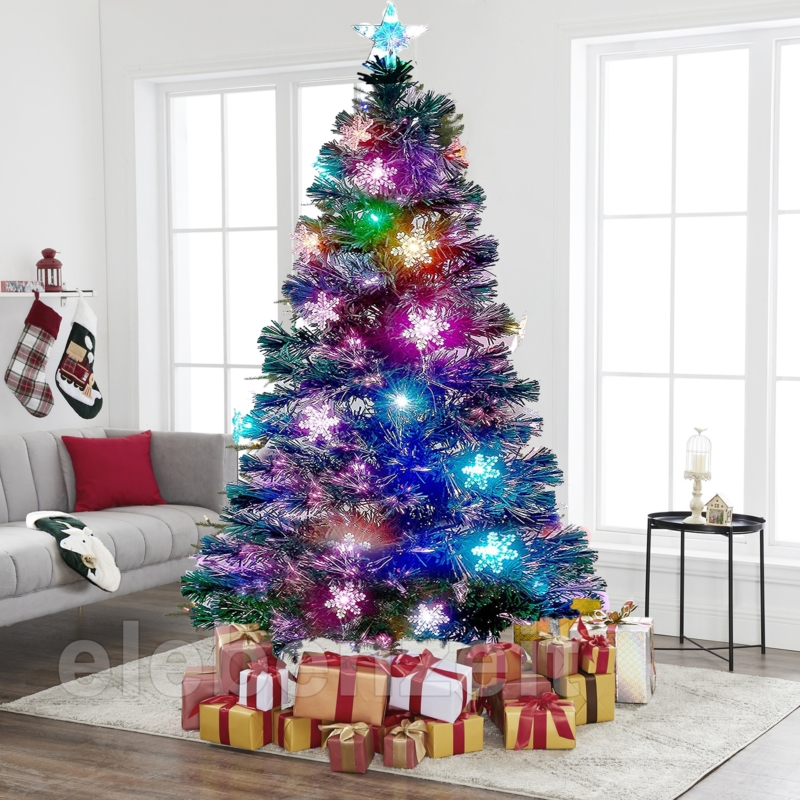 Pre-Lit Fiber Optic Christmas Tree Snowflake Ornaments Star Topper