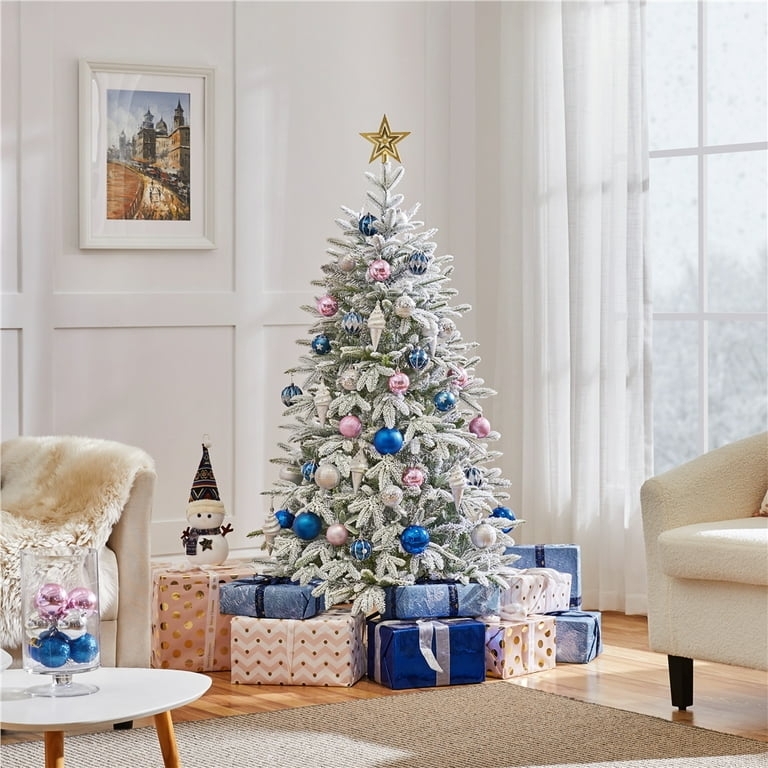 Pre-Lit Flocked Artificial Christmas Tree, Frosted Texture, Metal Stand
