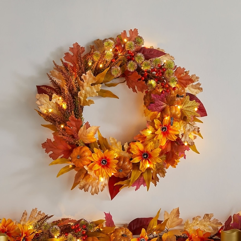 Pre-lit Harvest Daisy Wreath, Autumn Wall Decor