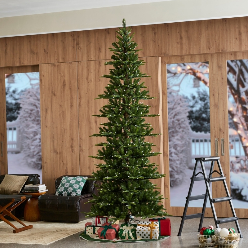 Pre-Lit Pencil Tree Decor, Slim Profile, 9 Foot Height, Warm White LED