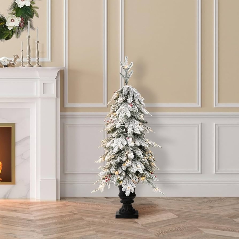 Pre-Lit Porch Christmas Tree in Urn Base with Red Berries (64 chars)