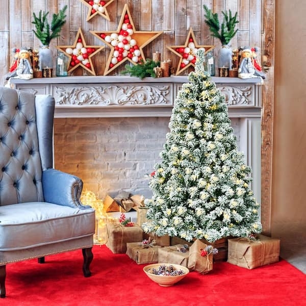 Pre-Lit Snow Flocked Artificial Christmas Tree with Heavy Flocking