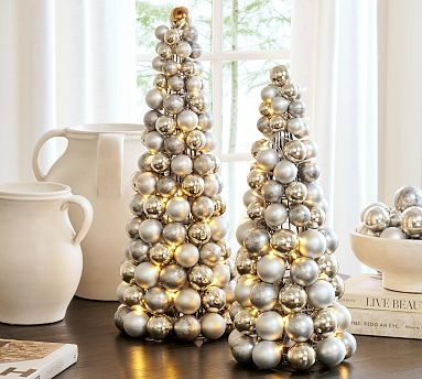 Pre-lit Wire Ornament Tree, Tiered Silver Tabletop Display