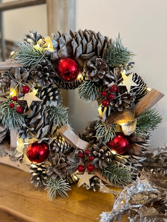 Pre-Lit Woodland Evergreen Wreath Integrated LED Lights Berries