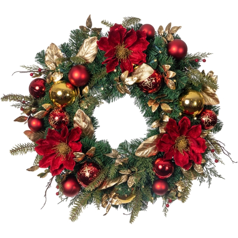 Pre-lit Wreath with Red Magnolia Blooms and Gold Foliage