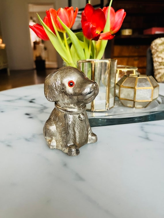 Puppy Piggy Bank Puppy Silhouette Polished Silver Finish Vintage Style