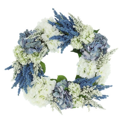 Purple Hydrangea Floral Wreath with Heather Sprigs for Cottage Wall Decor