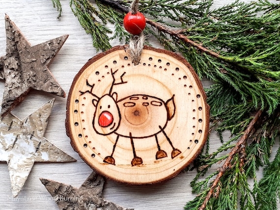 Pyrography Wood Slice Christmas Ornament with Bark Edge Rustic Decor