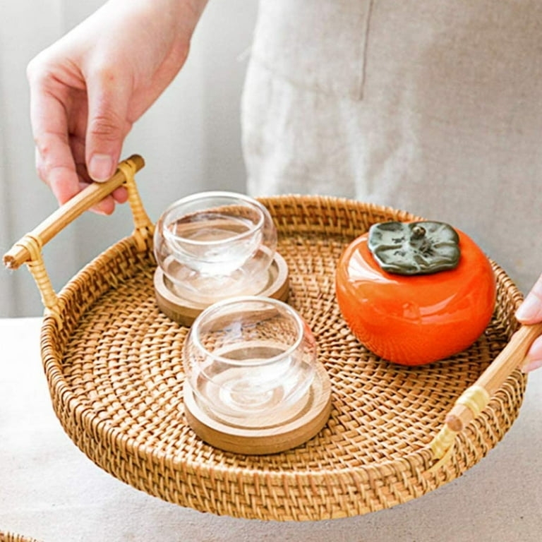 Rattan Serving Tray with Spiral Weave and Integrated Handles for Boho