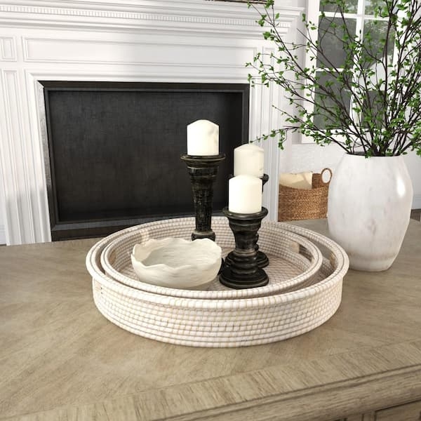Rattan Woven Tray Set Checkerboard Pattern Slot Handles Boho