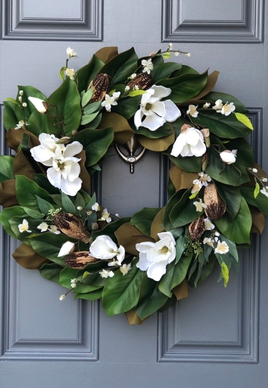 Realistic Faux Magnolia Wreath with Large Blooms and Brown Leaf Undersides