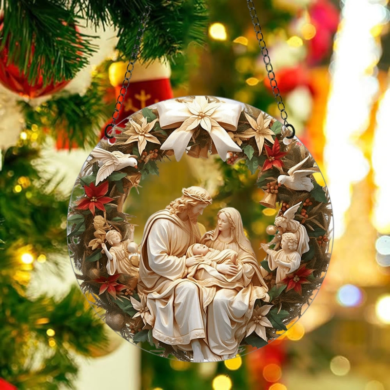 Realistic Holy Family Christmas Ornament Sculptural Bark Frame