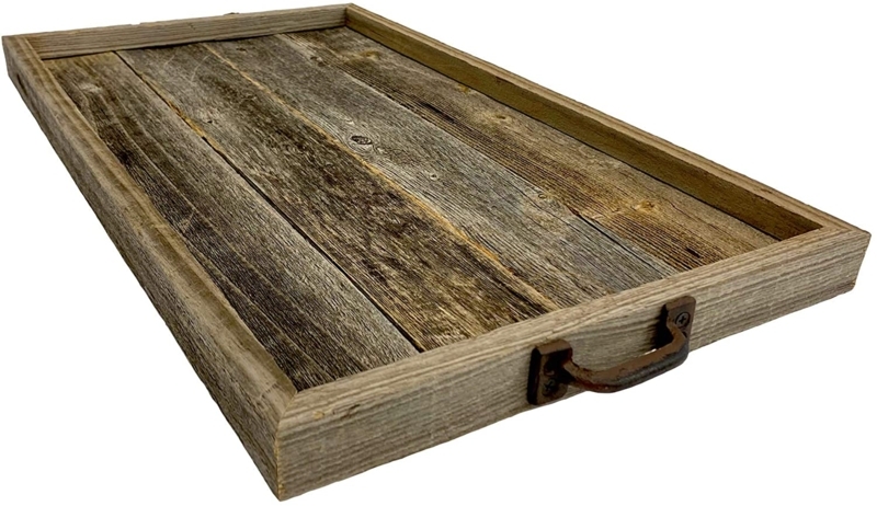 Reclaimed Wood Look Decorative Tray with Metal Side Handles