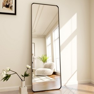 Rectangular Black Metal Floor Mirror with Thin Frame and Easel Back Stand