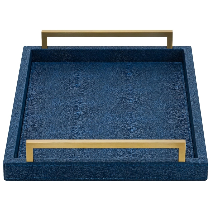 Rectangular Decorative Tray Blue Shagreen Texture Low Profile