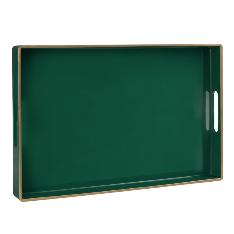 Rectangular Decorative Tray Dark Green Matte Finish Gold Metal Handles