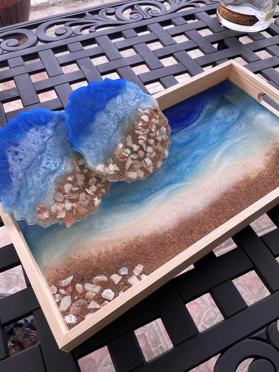 Rectangular Decorative Tray, Fluid Wave Pattern, Nautical Wood Tray Handles