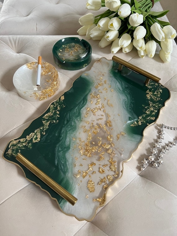 Rectangular Decorative Tray Resin Marbled Swirling Pattern Gold Handles