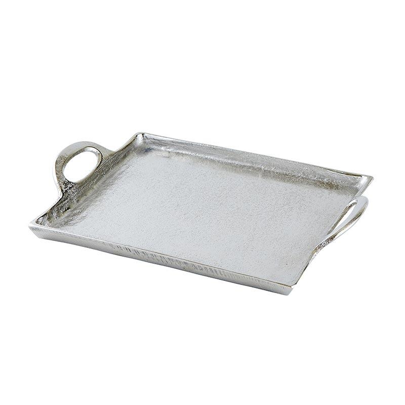 Rectangular Decorative Tray Silver Hammered Metal with Side Handles