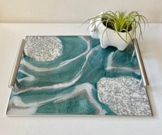 Rectangular Decorative Tray Teal Resin Geode Agate Silver Bar Handles
