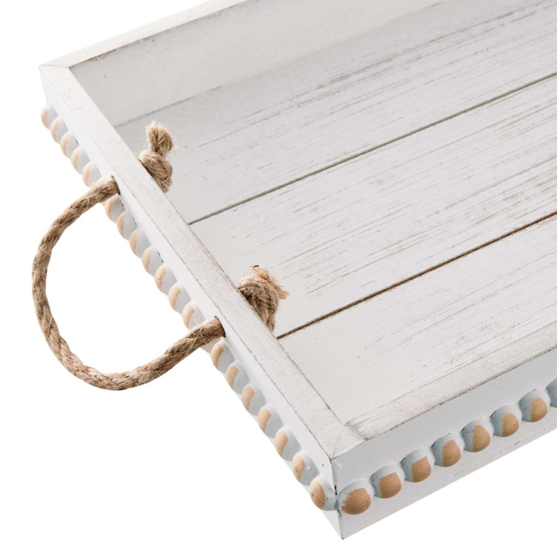 Rectangular Decorative Tray: Whitewashed Wood with Coastal Rope Handles
