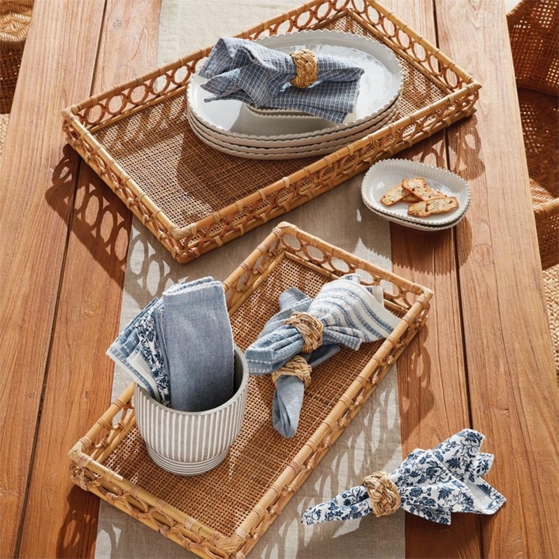 Rectangular Decorative Trays, Woven Rattan, Nested Design, Coastal Tray Set