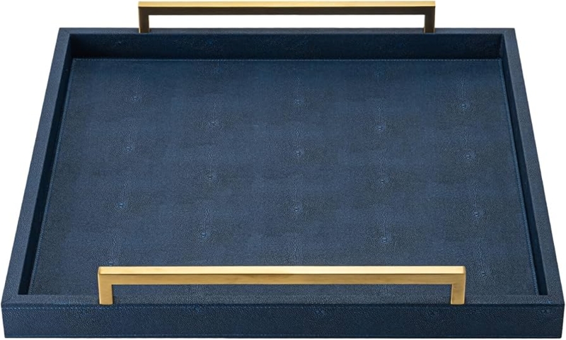 Rectangular Faux Leather Ottoman Tray with Polished Gold Metal Handles