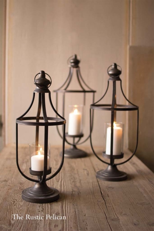 Rectangular Lantern Set Matte Black Ring Handle Farmhouse