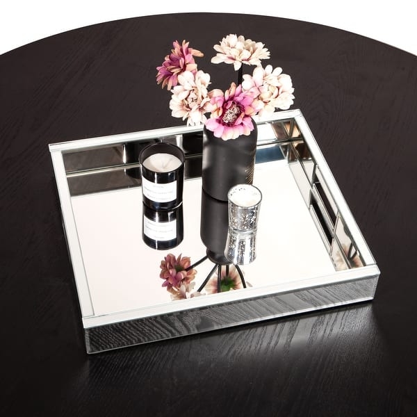 Rectangular Mirrored Tray with Polished Metal Railing, Perfume Display