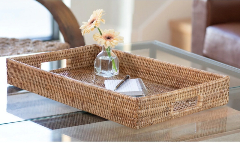 Rectangular Serving Tray Basket Weave Cutout Handles Natural Finish