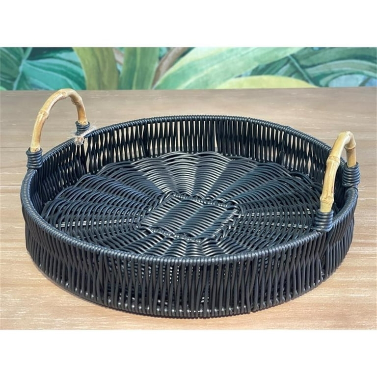 Rectangular Serving Tray Black Wicker Matte Finish Integrated Handles