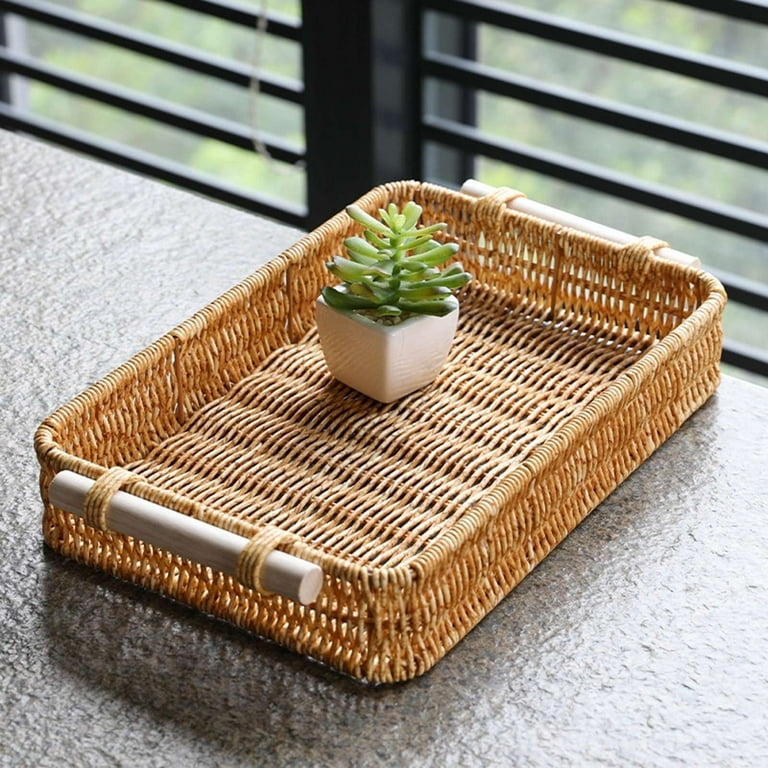 Rectangular Serving Tray Braided Edge Woven Honey Brown Handles