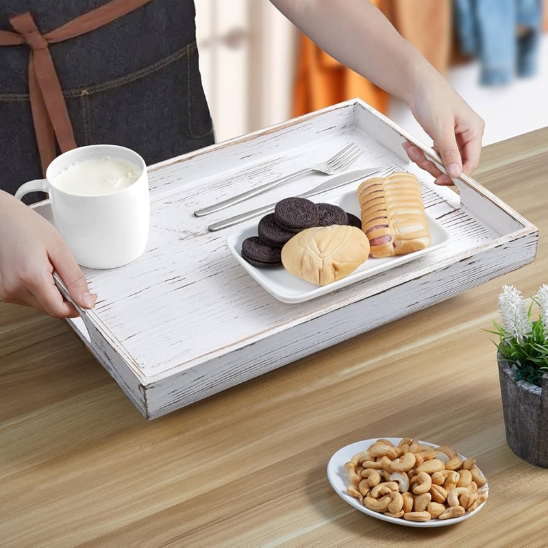 Rectangular Serving Tray: Distressed Whitewashed Wood, Low Profile Rim