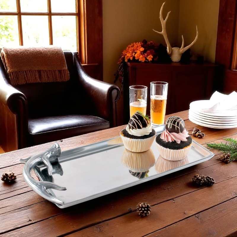 Rectangular Serving Tray in Silver Metal with Sculptural Antler Handles