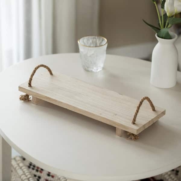 Rectangular Serving Tray Natural Wood with Rope Handles Coastal Rustic