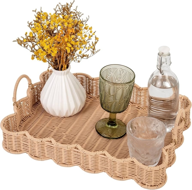 Rectangular Serving Tray Scalloped Edge Wicker Handles Coastal