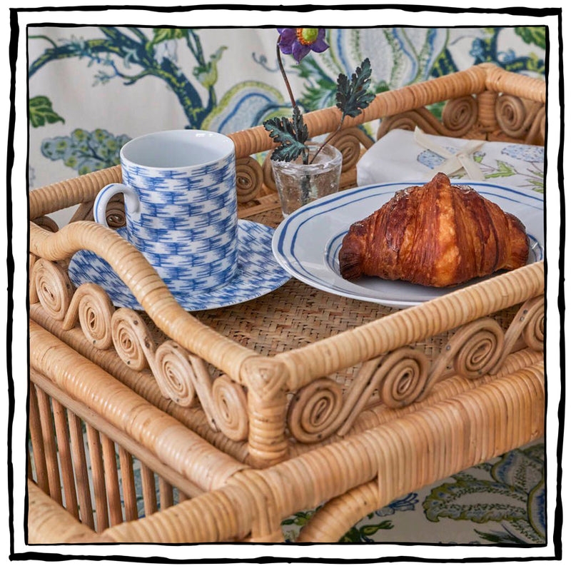 Rectangular Serving Tray Swirl Base Deep Walled Rattan Breakfast