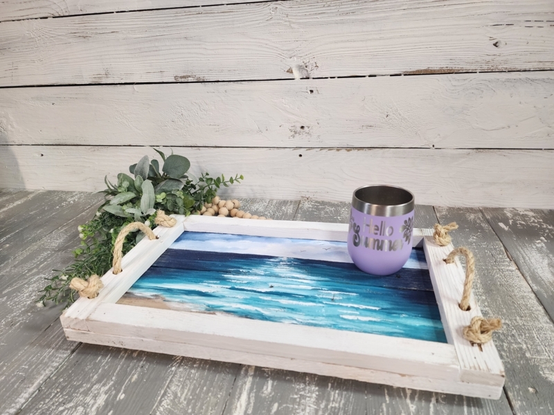 Rectangular Serving Tray, Teal Ombre Gradient, Distressed Wood Beach Tray