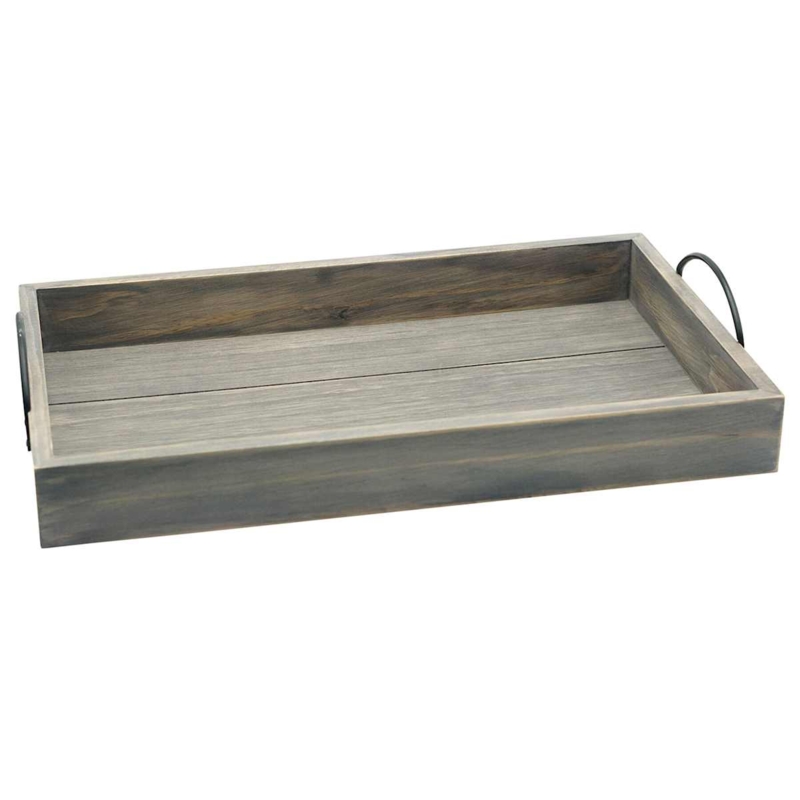 Rectangular Serving Tray: Washed Wood, Black Metal Handles Industrial