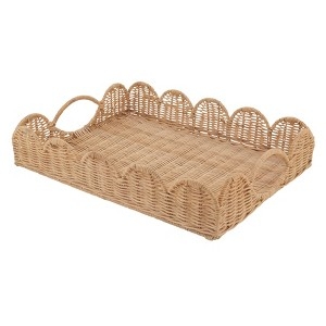 Rectangular Serving Tray Woven Scalloped Cutout Handles Boho Decor