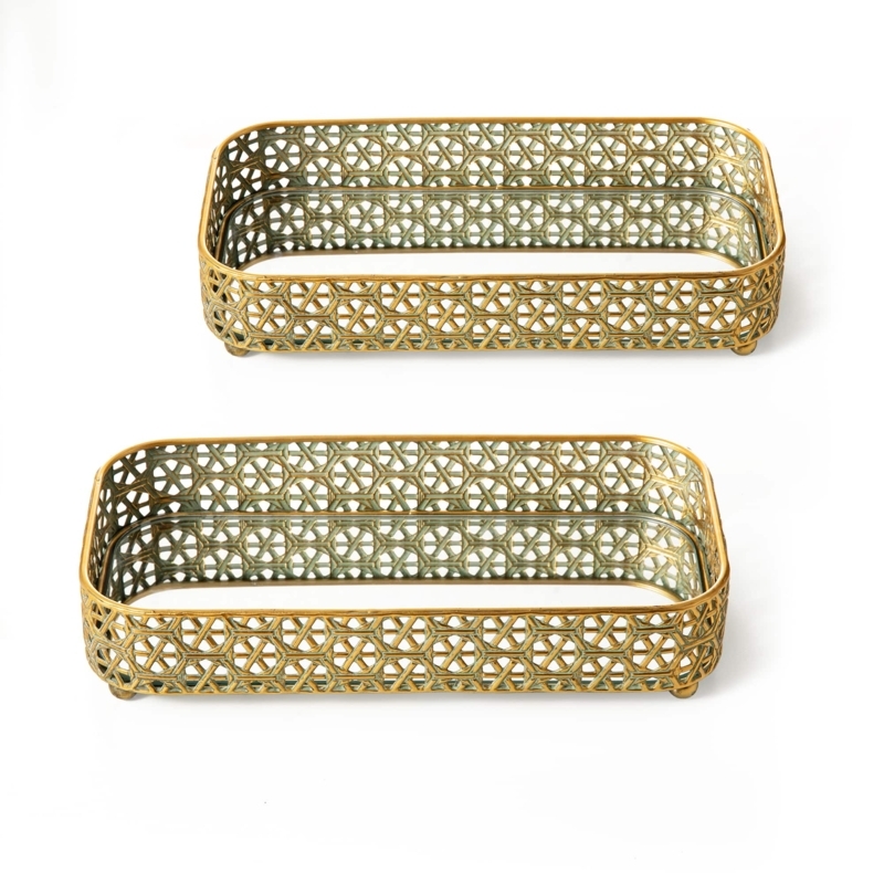 Rectangular Trays Mirrored Base Lattice Sides Polished Finish Set
