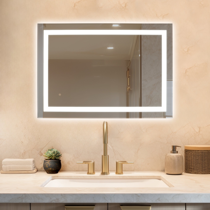 Rectangular Wall Mirror LED Backlit above Brushed Gold Faucet