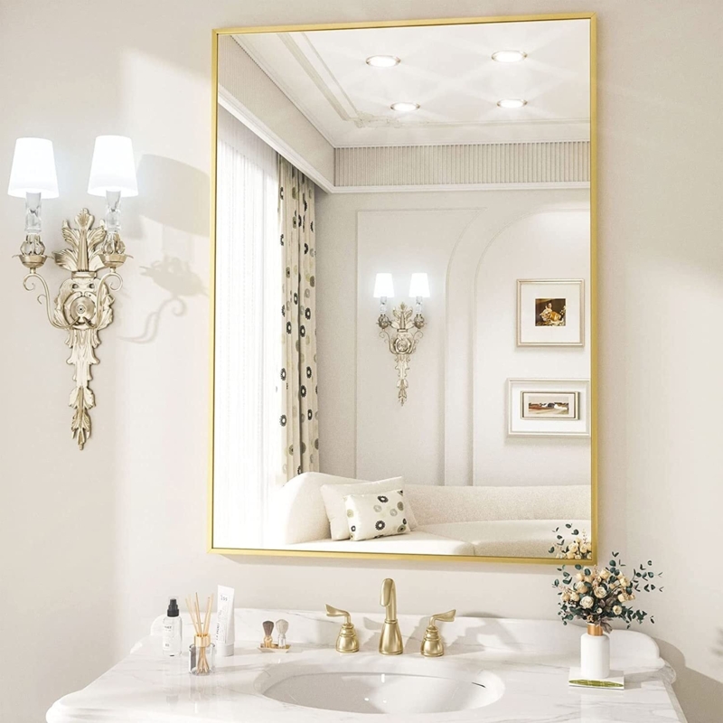 Rectangular Wall Mirror Transitional Slim Black Frame Rounded Corners