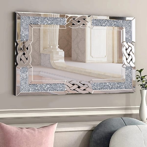 Rectangular Wall Mirror Wide Faceted Crystal Art Border